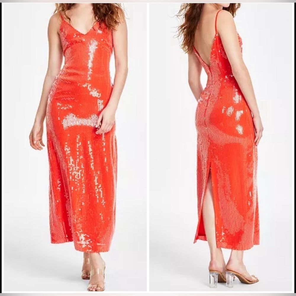 1 State Orange Sequin Spaghetti Strap Midi Slip Dress V neck Back Slit Size 2
